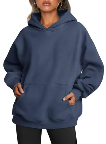 Famulily Womens Casual Long Sleeve Hoodies Crew Neck Pullover Sweatshirts Plain Hooded Outfits Blue L