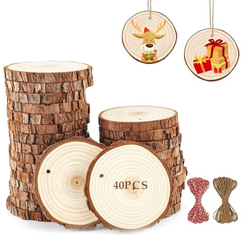 YQBFTC 40 Pcs Rondin De Bois Naturel 5-6cm,Inachevé Pré-percé Avec Trou Cercles Rond en Bois Disques Ronds Pour Bricolage,Décoration Mariage,Décoration Noël Bois,Pyrogravure Bois,Sous-Verre