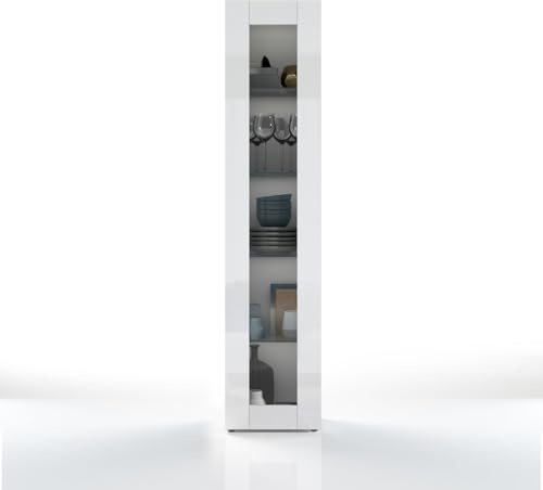 WHOUS Vetrina MARUSKA con 1 Anta per Soggiorno, Mobile Espositivo a Colonna con 4 Ripiani in Vetro, 40x30x180 cm, Bianco Lucido