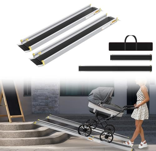 Froadp 2 x Rollstuhlrampe für treppen Teleskoprampen für Rollstuhl Aluminium Auffahrrampe Rampe bis 300 kg Ladekapazität 91-152.5cm Verstellbare Teleskoprampe