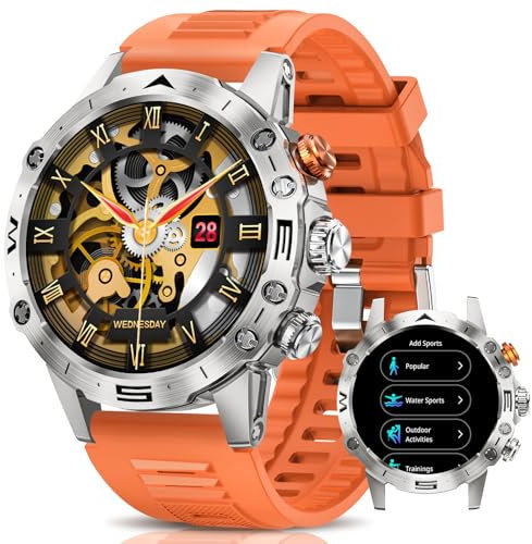 DekeFit Militär Smartwatch Herren mit Telefonfunktion, Lange Akkulaufzeit, IP68 Wasserdicht, 1.53'' IPS Touchscreen 120+ Sportmodi Outdoor, Herzfrequenz, Schlafmonitor, Android iOS, Silber Tangerine