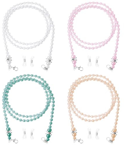 JJUNW 4 Stück Brillenkette für Damen, Perlen Brillen Kette Brillenband Damen Einstellbare Anti Rutsch Brillen Halter Brillenzubehör für Damen Herren Lesebrillen Sonnenbrillen(weiß+rosa+braun+hellblau)