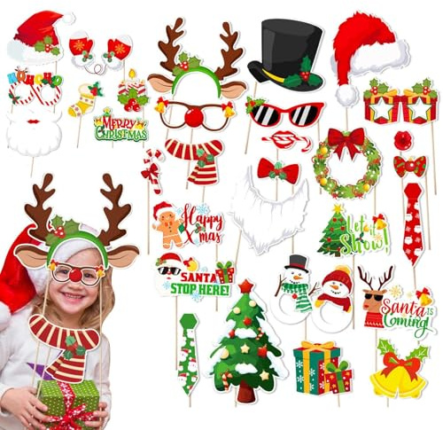 Kit d'accessoires de stand photo de Noël, accessoires de stand photo de vacances, 30 panneaux de fond d'artisanat de comptage, personnages de selfie drôles de fête de Noël, panneaux de fond