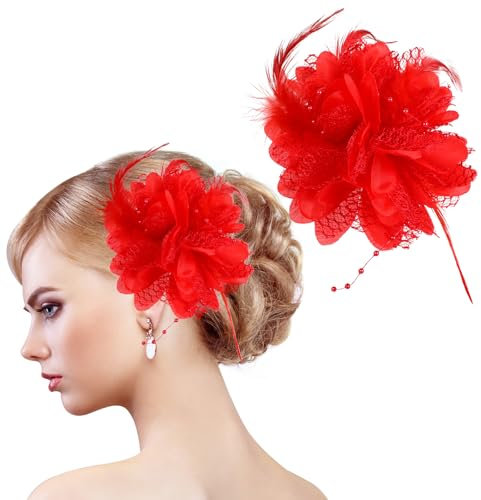 MWOOT 2 Stück Feder Blume Haarspange, 1920er Fascinator Feder Haarnadel für Damen, Rot Blumen 20er Jahre Haarschmuck für Karneval Halloween Cocktail Hochzeit Tee-Party Accessoires