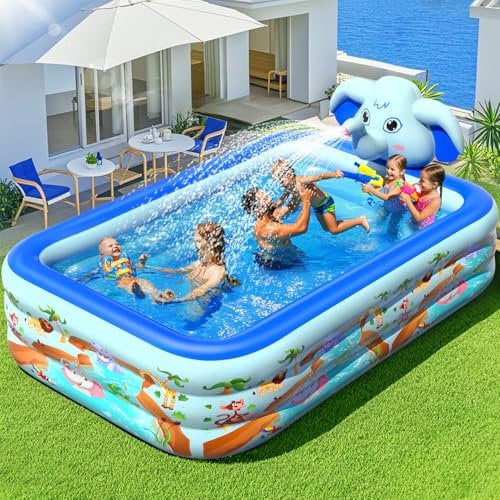 LanBlu Piscina Hinchable Rectangular con Aspersor, Elefante Piscina Hinchable Adultos, Piscinas Hinchables Grandes de 0.6mm de Grosor, 252×183×56CM Piscinas Insuflável Familiar para Terraza Jardín