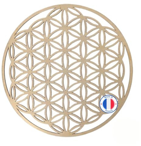 Grande Fleur de Vie en Bois 20 cm – Symbole de Géométrie Sacrée pour recharger les Pierres, support pour les Grilles de Cristaux & Décoration Énergétique – Bois Naturel Sculpté