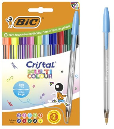 BIC Cristal Multicolour Stylos-bille Pointe Large (1,6 mm) - Encres classiques, fluos et fantaisie de couleurs assorties, pack de 20