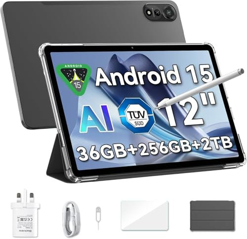 CHANDUELEC 12 inch Tablet Android 15 Gaming Tablet with SIM Card Slot, Pen, 36GB + 256GB (Up to 2TB), 2.4K 120Hz FHD+ IPS Display, 9000mAh/33W, 8MP + 16MP AI Camera, 5G WiFi, GPS- MEGA 2 (36G)