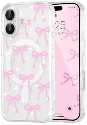 UEEBAI Coque Magnétique pour iPhone 16 Transparent Étui avec Recharge sans Fil, Housse de Téléphone en Motif Noeud pailleté Antichoc Bumper Cover Case pour Filles Femme, Rose pailleté