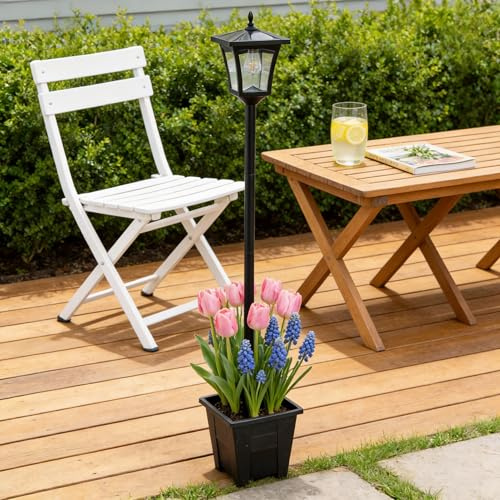 Solar Lamp Post with Planter 1.5M, Outdoor Garden Lights Warm White IP44 | 2-in-1 Flower Pot Base | Auto Dusk-to-Dawn | Patio Pathway Decor | 5ft