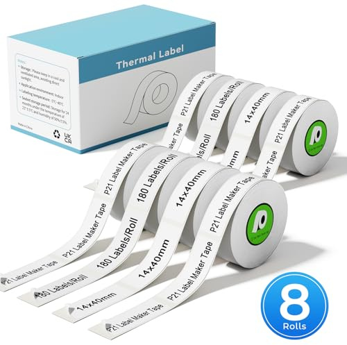 Kompatibel mit NELKO P21 Label Maker Tape, 14x40mm, 8-Rollen, Weiß | Standard Laminiertes Büro-Etikettierungsband Ersatz für NELKO P21, NADAIIN N12, ORGBRO X1, ORGSTA S001, 180 Etiketten / Rolle