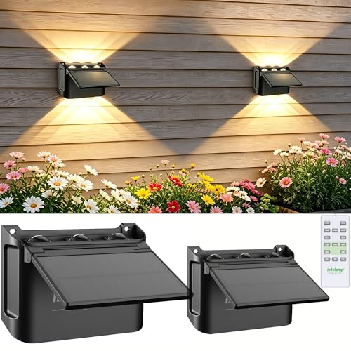 INTELAMP Solar Wandleuchte Up and Down Leuchten Aussen mit Fernbedienun | 3 Farben, 150 lm Solarlampen für Außen Heller Solarleuchten IP67 Wasserdicht für Deck Porch Zaun Hof Garten hausnummer