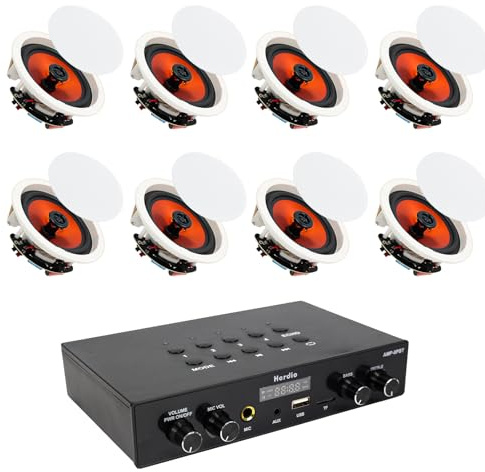 Herdio 6.5 Bluetooth Ceiling Speakers with 8-Channel 4-Zone Amplifier Set, Support Bluetooth 5.4 & Independent Volume Control Function for Home Theater, Multi-Room Audio System (8 Speakers)