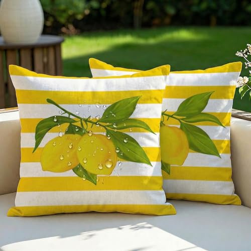 Vorysum 2er Set Outdoor Kissenbezug 45x45 cm Gelb Zitrone Wasserfest Dekokissen Modern Dekorative Blumen Kissenhülle Sommer Sofakissen für Garten Sofa Balkon, Camping