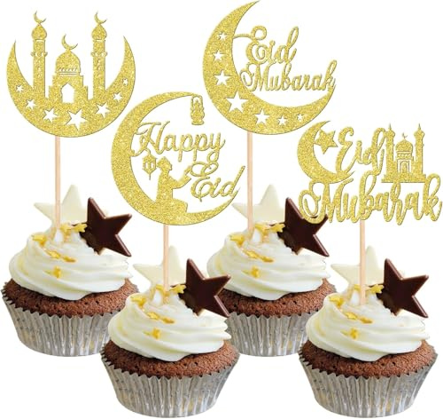 24 Stück Eid Mubarak Tortendeko Glitzer Happy Eid Mond und Stern Cupcake Toppers Star Ramadan Islamischer Muslim Kuchen Deko für Party Kuchen Dekorationen Gold