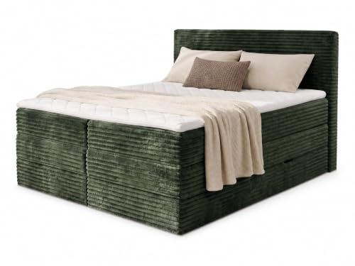 Sofnet Boxspringbett Mollo XL mit 2 Bettkästen und Topper, mit Taschenfederkern- und Bonellfederkernmatratze, Doppelbett, Polsterbett aus Cordstoff mit Stauraum (Grün (Tilia 39), 180 x 200 cm)