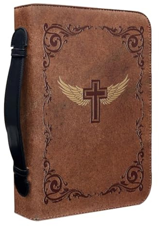 WRITWAA Bibeltasche aus Pu Leder mit Kreuz und Flügeldruck mit Reißverschluss und Griff für Bücher und Reisen