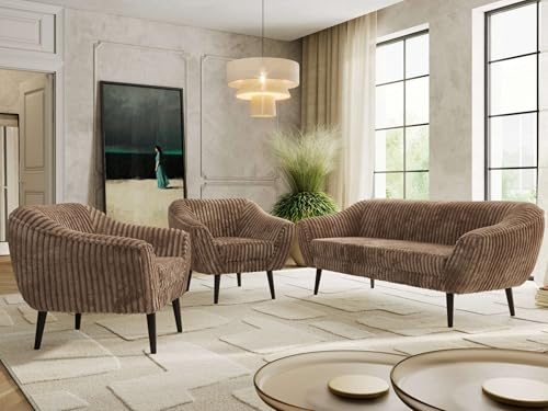 MKS MEBLE Sofagarnitur PIRS 3 + 1 + 1 - Couchgarnitur im skandinavischen Design, Gesteppte Polsterung, Wellenfederung, Wohnzimmer Sofa Set - Schwarze Beine, Braun Cord