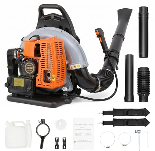 LENJKYYO Soffiatore a Scoppio 63CC 2.7kW, Aspirafoglie da Giardino a Benzina con Tracolla Regolabile, Soffiatore a Batteria Potente Autonomia 1h, Aspiratore Foglie da Giardino 0.3m³/sec