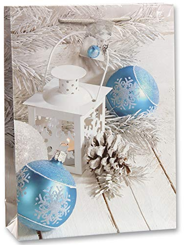 Bambelaa! 12 Stück Geschenktüten Weihnachten Geschenktaschen Groß Papiertüten Weihnachtstüten 157 g Papier Weiß Blau Glänzend (Ca. 25x8,5x34 cm)