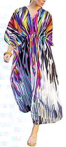 Bsubseach Women V Neck Loose Multicolor Rainbow Beach Dress Batwing Sleeve Long Kaftan Beachwear Swimsuit Cover Up Plus Size