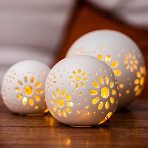 Gadgy Set 3 Lampada Sfera Ceramica | Centro Tavola | Palla Luminosa | Globi dal Diametro 8, 10 e 12 cm. | Lampade Decorative da Tavolo | Sfere Natalizie | A Batteria | Fata Sfera
