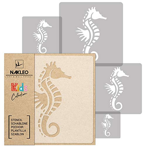 NAKLEO Wiederverwendbare Kunststoff Schablonen Malen Kinder, 5 Stück Set 9x9 bis 34x34cm Seepferdchen Ozean Tier, Kinderzimmer Malvorlage Raumdekoration, Basteln DIY Wand Möbel