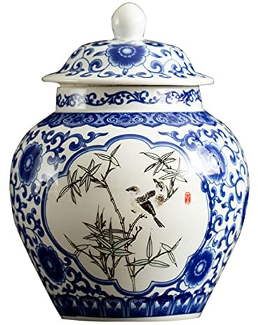 fanquare Jingdezhen Vase en Porcelaine Bleu et Blanc, Vase à Motif en Bambou Vert Fait à la Main, Hauteur 23 cm