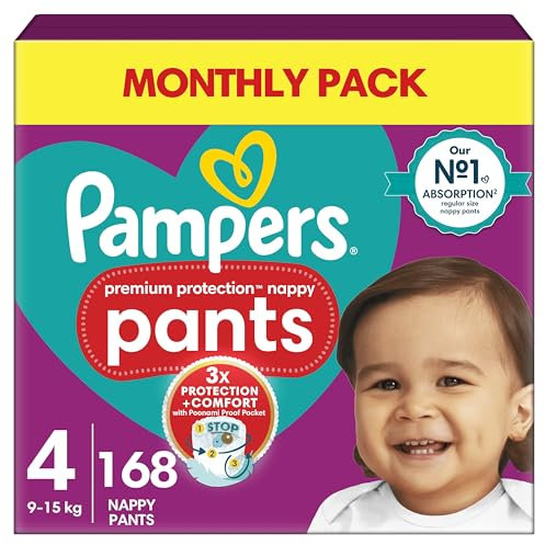 Pampers Premium Protection Nappy Pants Size 4, 168 Nappies, 9kg-15kg, Monthly Pack + Pampers Harmonie Aqua Baby Wipes 1 pack of 10 Wipes