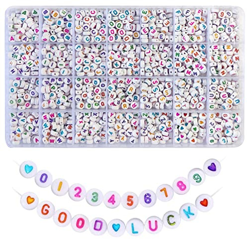 Adwzy 1400 Stück Buchstabenperlen 7x4mm Buchstaben A-Z Herz Perlen und Zahlenperlen für Armbänder Schmuck Basteln(Mehrfarbig)