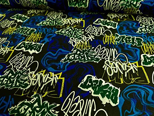 Sommersweat, Sweatshirtstoff, Graffiti Blau/Grün als Meterware, 50 cm