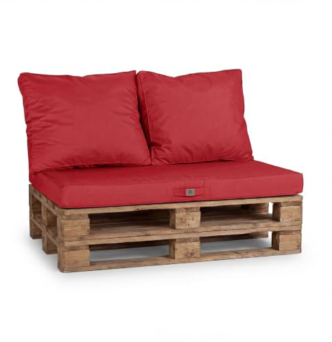 Déco Arts - Coussin Palette 120x80 cm Déhoussable — Matelas d'Assise Haute Densité + 2 Dossiers Moelleux — Imperméable Anti-UV Déperlant Lavable Machine — Jardin Salon Terrasse Balcon - Rouge Piment