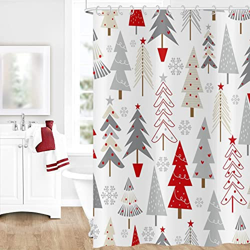 GCIREC Rideau de douche motif sapin de Noël, gris, beige, rouge avec étoiles et flocons de neige, rideau de salle de bain mignon pour garçons et filles, tissu imperméable lavable avec 12 crochets