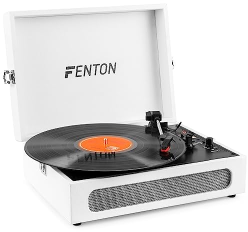 Fenton RP118f Tocadiscos Maleta - Tocadiscos Vintage 3 velocidades Maletin Giradiscos Vinilo con Altavoz Estereo, Salida USB/Auriculares Jack/Conversor MP3 / Tocadiscos de Vinilo Bluetooth. Blanco