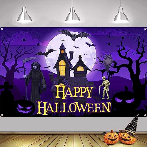 AOLOA Extra Große Halloween Banner, Schwarz Lila Happy Halloween Dekoration, Drinnen Draußen Deko Photo Booth Zeichen für Home Decor Supplies