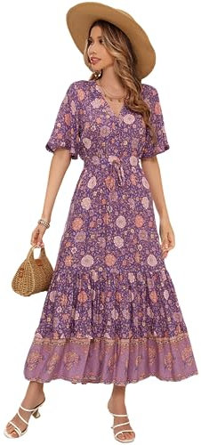 R.Vivimos Abito Boho Estivo Donna Abito Sexy Scollo a V Bottoni Manica Corta Vestito Elegante con Volant Orlo Abito Lungo Maxi da Spiaggia Casual per Le Vacanze(M,Viola Scuro)