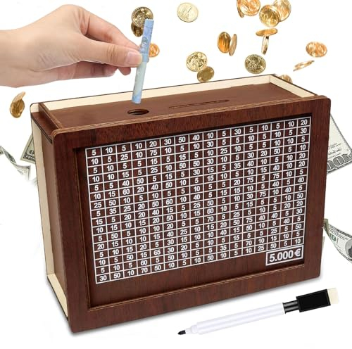 Spardose Holz, Spardose mit Zähler, Wiederverwendbare Spardose, Sparbox 5000€ Sparbüchse Aufbewahrungsbox, Sparbox mit Zahlen Ankreuzen, Sparschwein mit Sparziel, Sparbox für Erwachsene und Kinder