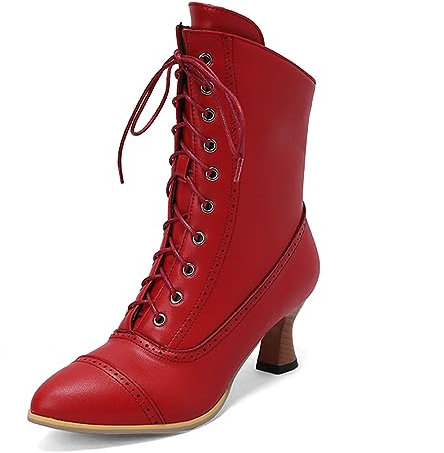 HavueGatue Metà Polpaccio AllacciaturaStivali Vittoriani for Donne Tacco a Gattino Vintage Ankle Boot Steampunk Cerniera Taglie Forti Rosso Taglia del Marchio 37