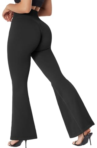 RXRXCOCO Damen High Waist Schlaghose Yoga Hose Flared Leggings Bootcut Hose Push Up Scrunch Booty Lang Sporthose Laufhose Schwarz XL