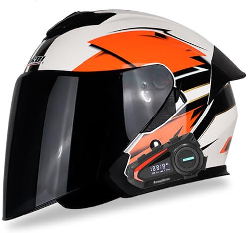 Bluetooth Casco Moto Demi-Jet Moto con Doppia Visiera ECE/DOT Certification Vintage Caschi Moto Scooter per Donna e Uomo Demi Jet, con Microfono per Risposta Automatica E,XL