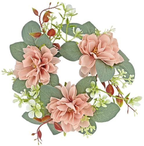 Garneck Rosen Kerzenring Eukalyptus Kerzenkranz Blumenkranz Dekokranz Frühlingskranz mit Seidenblumen für Stumpenkerzen Teelichter Säulen Hochzeitsdeko Geburtstag Tischdeko Rosa