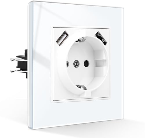 CNBINGO Schuko Steckdose mit USB Anschluss, Dual Typ-A Unterstützung Max.2,1 Amp, Einzel Steckdose mit Krallen, Schutzkontakt Wandsteckdose mit Glasrahmen in Weiß, 1-Fach