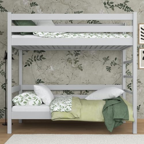 N-Wood N03 Etagenbett 90x180 cm, Kinderbett Holz, 2 Leitermontageseiten: Links oder rechts, sichere abgerundete Kanten, Stabile Massivholzkonstruktion, Hochwertige und umweltfreundliche Lacke, Grau