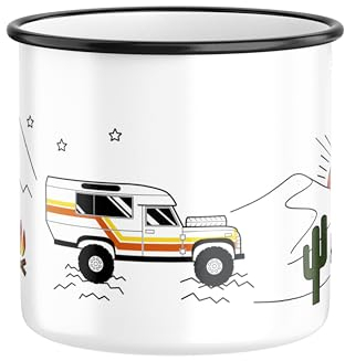 Fluffy Dreams Tazza smaltata Happy Camper, tazza da campeggio, retrò, per camper, Vanlife, per esterni, in metallo, leggera e robusta, per campeggio, Overland, avventura, tempo libero, viaggio, regalo