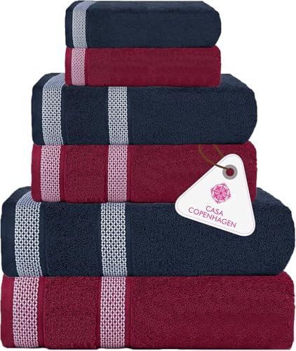 Casa Copenhagen Solitaire Mix 6-teiliges Handtuchset – Marineblau + Burgund, 600 g/m², 2 Badetücher, 2 Handtücher, 2 Waschlappen aus weicher ägyptischer Baumwolle für Badezimmer, Küche und Dusche