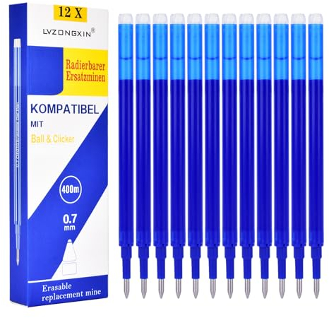 LVZONGXIN Blau Radierbare Ersatzminen, Kompatibel mit Frixion & Eberhard Faber animal erase it, 0,7mm [12er Set], Thermosensible Tinte, 400m Schreiblänge (Blau)