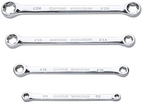 LEONTOOL Jeu de 4 clés E-Torx, jeu de clés étoilées, jeu de clés à double extrémité E6 E8 E10 E12 E14 E18 E20 E24, jeu de clés à double anneau en E, clés à extrémité creuse, jeu de clés extra longues