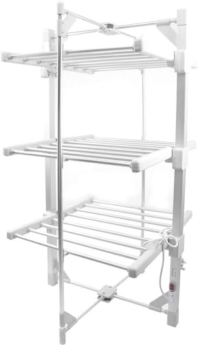 OptiProducts 3 Tier Electric Clothes Airer - Folding Heated Clothes Dryer | 220w Energy-efficient 24 Rails, 111cm Indoor Rack - Lightweight & Foldable