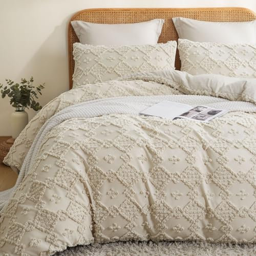 Tospass Getuftet Bettwäsche 220x240 Beige 3Teilig Shabby Chic Geometrisch Gestreift Boho Bettwäsche-Sets, 1 Bettbezug 220x240 und 2 Kissenbezug 80x80 mit Reißverschluss