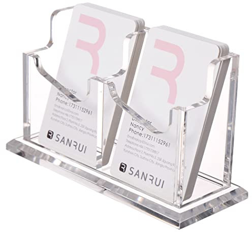 SANRUI Visitenkartenhalter für Schreibtisch, 2 Fächer Acryl Klarer Visitenkartenständer für Büro Hotel Shop Messestand, Transparent, Fasst 60 Karten